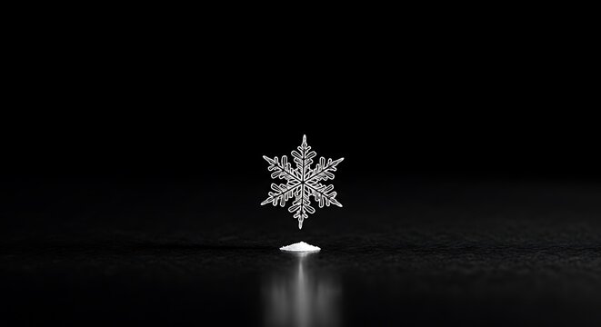 Minimalist Snowflake Design with Reflective Surface on Black Background.