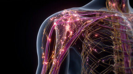 glowing neural network in human shoulder anatomy visualization