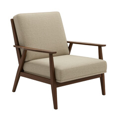 Mid century modern armchair with wooden frame isolated on transparent background