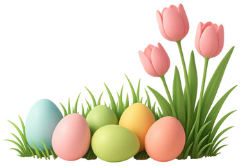 Fototapeta premium Easter eggs in pastel colors nestled in green grass with pink tulips on a white background graphic design isolated on a transparent background