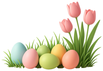 Easter eggs in pastel colors nestled in green grass with pink tulips on a white background graphic design isolated on a transparent background
