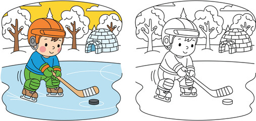 Vector coloring book page of a cute cartoon boy playing ice hockey on a frozen pond with an igloo. Winter sport illustration with colored example and outline for kids activity.