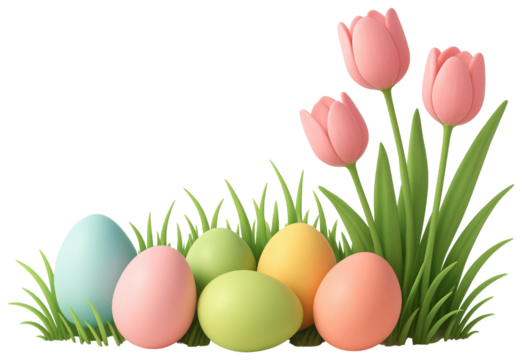 Easter eggs in pastel colors nestled in green grass with pink tulips on a white background graphic design isolated on a transparent background