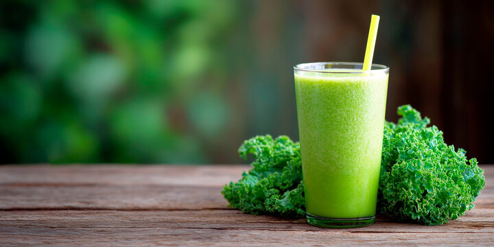 Green kale smoothie in a glass with a yellow straw placed on a rustic wooden table with fresh kale leaves and a blurred green background