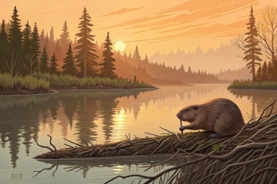 A beaver building a dam in a calm forest river at sunset,
