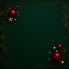 Christmas ornaments and pine branches on a dark green background with a gold frame border design