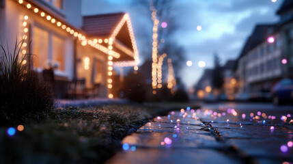 A tranquil winter street scene adorned with gentle twinkling lights, evoking a warm and cozy feeling of home, community, and the seasonal spirit of togetherness and love.