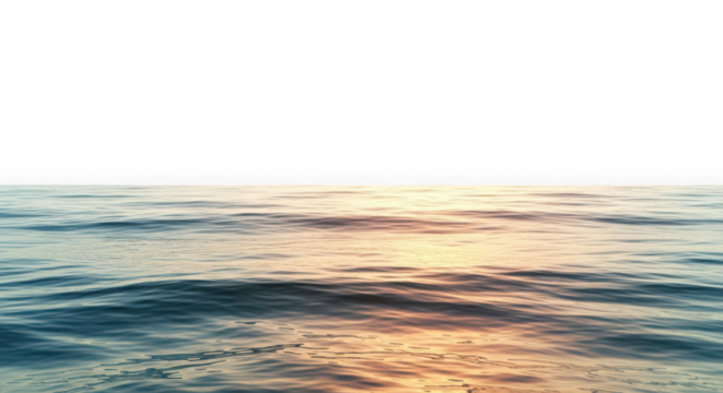 Ocean waves with golden sunset reflection isolated on transparent background