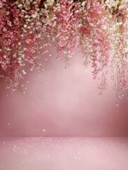 Hanging pink & white flowers on pink background with fallen petals