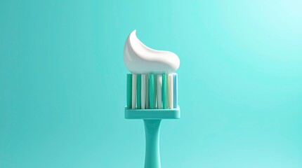 Close-up macro shot of a turquoise toothbrush with white and teal bristles topped with a perfectly swirled line of white toothpaste.
