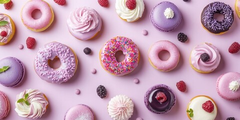 Assorted pink and purple donuts and macarons with berries on pastel background