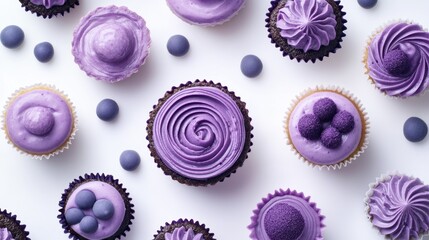 Assorted purple cupcakes with decorative frosting on white background