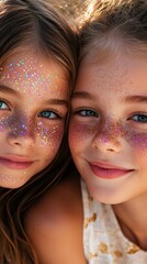 Fototapeta premium Two caucasian young girls with sparkling glitter faces and freckles smiling