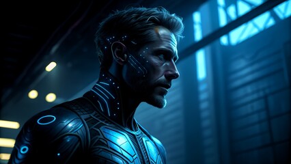 A futuristic cyborg man with glowing blue circuitry on her face and neck