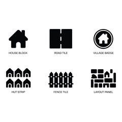 Fototapeta premium Collection of simple black and white icons representing housing and neighborhood elements