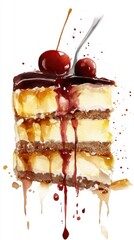 Cherry drizzle on layered cake slice with dark chocolate and creamy layers. National Boston Cream Pie Day