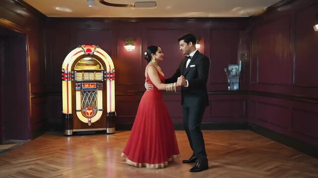 Couple dancing with a jukebox in a pub.