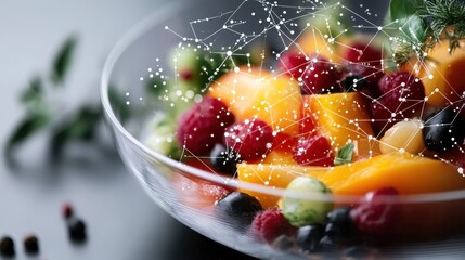 Fresh mixed fruits in glass bowl with digital network overlay