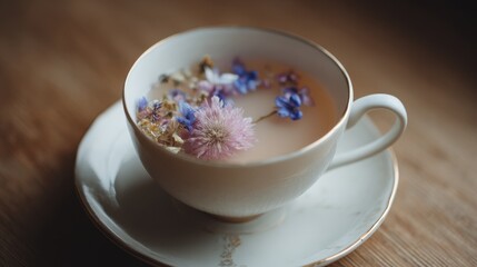 Delicate floral tea in white cup with colorful blossoms on wooden table
