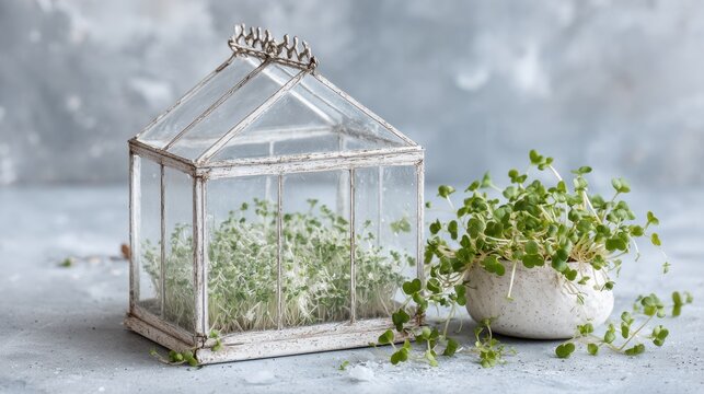 Vintage glass terrarium with microgreens and white ceramic pot with sprouts - Powered by Adobe