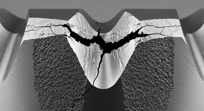 Macro view of catastrophic metal fracture with brittle crack propagation and cleavage pattern.