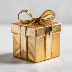 Golden gift box with glitter and ribbon on soft background