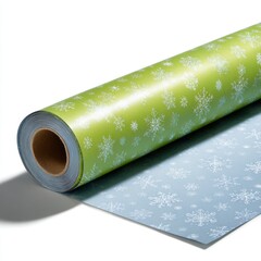Green and blue wrapping paper roll with snowflake design on white background