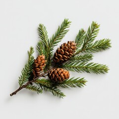 Evergreen branch with pine cones on white background