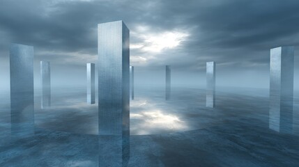 A vast, tranquil landscape, with tall, rectangular structures, mirroring in a placid body of water.