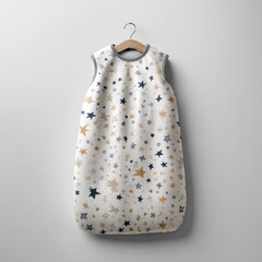 Star-patterned baby sleeping bag on hanger against plain wall