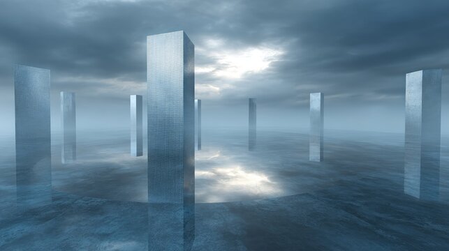 A vast, tranquil landscape, with tall, rectangular structures, mirroring in a placid body of water.