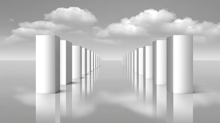 A row of cylindrical blocks against a gray sky.