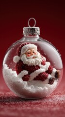Santa figurine in glass ornament with snow on red background