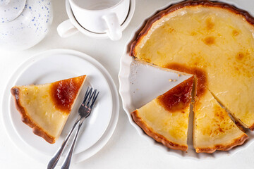 Traditional american Water Pie. Great Depression era recipe, sweet buttery pie cake with translucent custard custard, made with pie shell, water, flour, butter and sugar