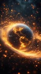 Glowing earth in space with swirling orange particles. Red Planet Day