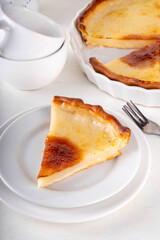 Traditional american Water Pie. Great Depression era recipe, sweet buttery pie cake with translucent custard custard, made with pie shell, water, flour, butter and sugar