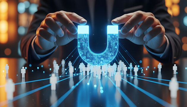 Attracting People Businessman Holds a Glowing Digital Magnet Symbol