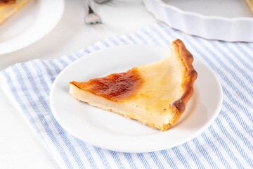 Traditional american Water Pie. Great Depression era recipe, sweet buttery pie cake with translucent custard custard, made with pie shell, water, flour, butter and sugar