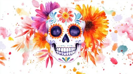 Colorful day of the dead skull with flowers and vibrant watercolor splashes. Day of the Dead (Dia de los Muertos)