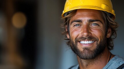 Smiling young caucasian male construction worker in yellow hard hat. Global Day of the Engineer