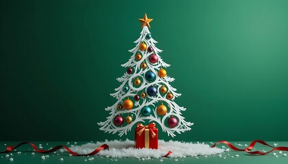 Fototapeta premium Festive Christmas Tree with Ornaments and Gift on Green Background.