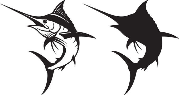 Dynamic duo of ocean predators two stylized marlin silhouettes one detailed sketch and one solid black for contrast
