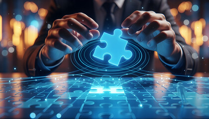 Businessman Fitting Puzzle Piece into Digital Network Concept