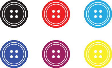 Collection of six colorful round sewing buttons with four holes each arranged in two rows against a white background