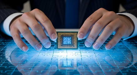 Man Holding a Cpu Chip over Blue Lit Puzzle Indicating Technology and Data