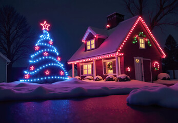 House and Tree Decorated with Christmas Lights in Snow