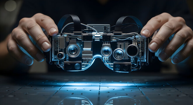 Futuristic Vr Headset Displayed with Intricate Digital Details Technology