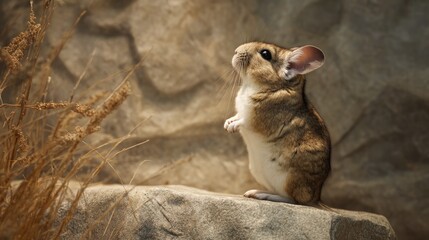 Adorable kangaroo mouse standing upright on a rock looking upwards curiously