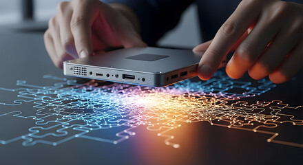 Innovative Technology Connection Hands Holding a Device with Digital Network