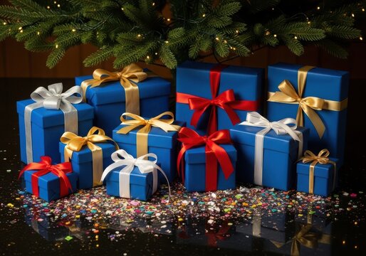 Festive blue gift boxes with ribbons under christmas tree lights.